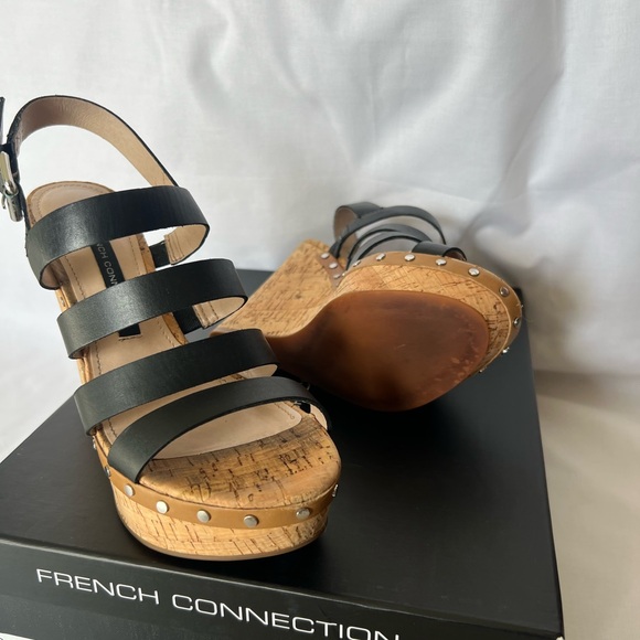 French Connection Black and Tan Wedge Sandals with Cork Heel - Picture 5 of 6